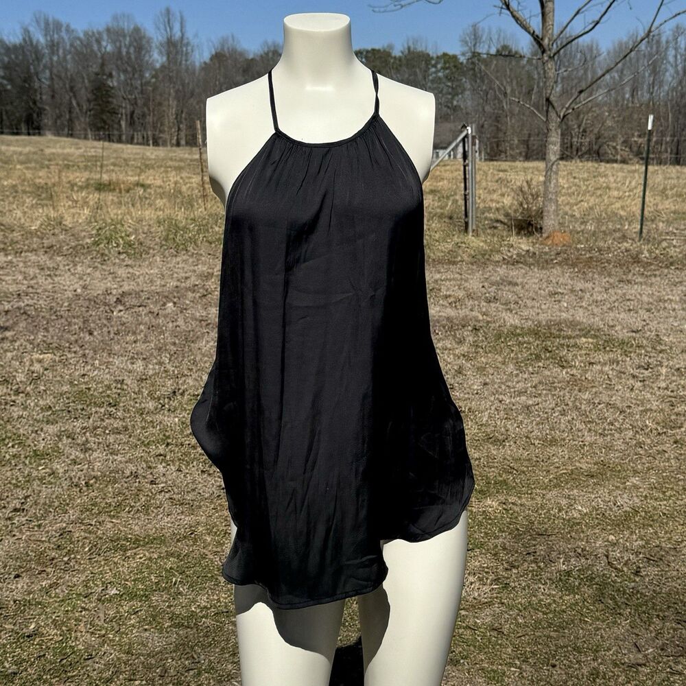 MIMI & DOTTIE Strappy Open Back Flowy Black Tank Blouse Top Silky Polyester S